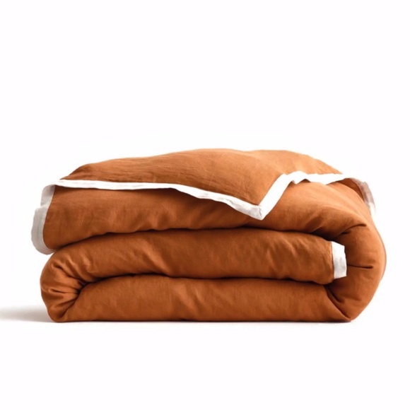 Quince European Linen Contrast Flange Queen Duvet Cover Terra Cotta and Sand - Picture 1 of 5